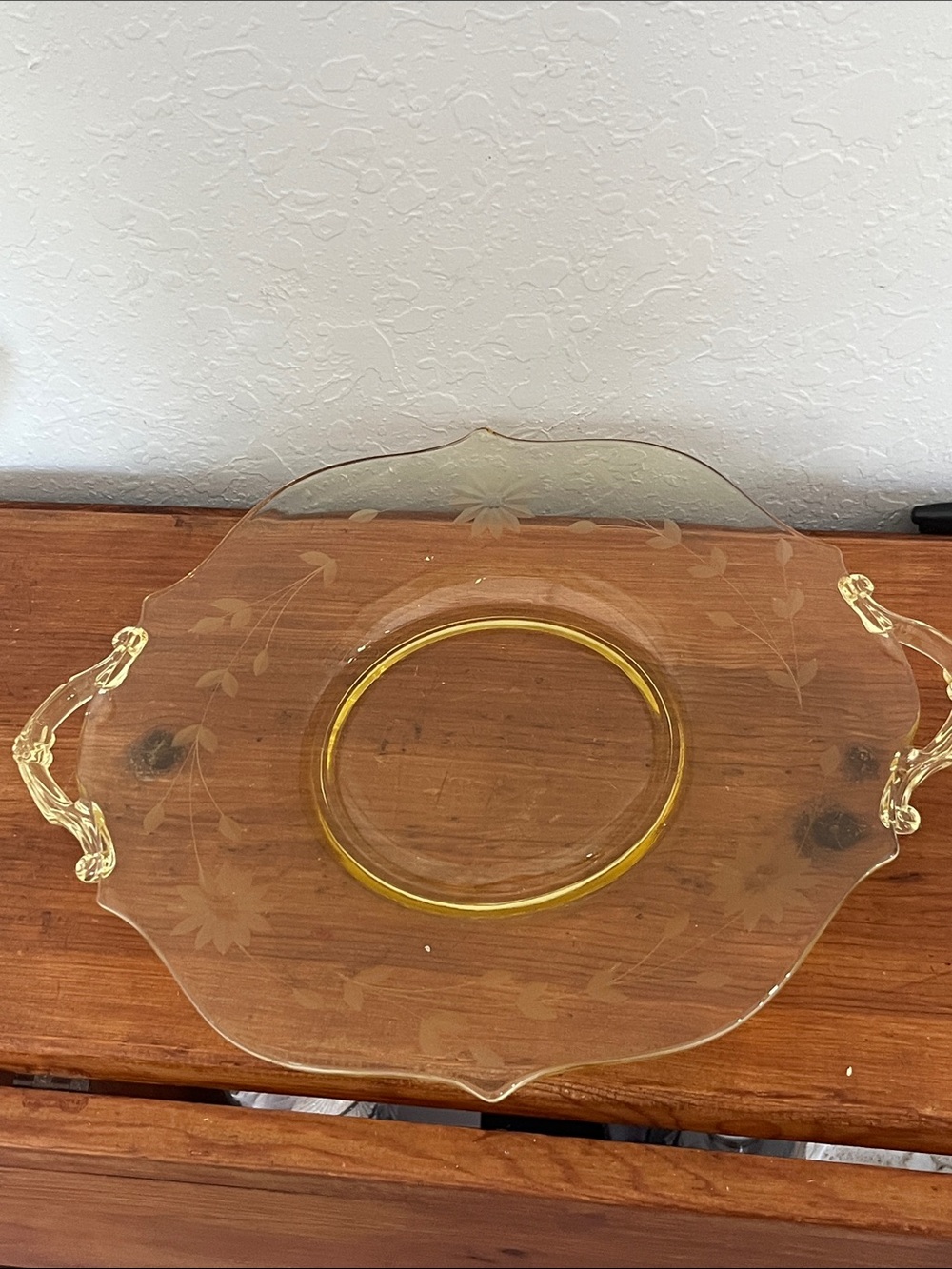 Lancaster Jubilee Yellow Etched Depression Glass Handled Cake Sandwich Plate 13